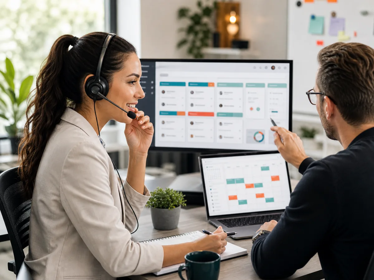 Assistenz mit Headset bei Outbound-Telefonie und Terminplanung